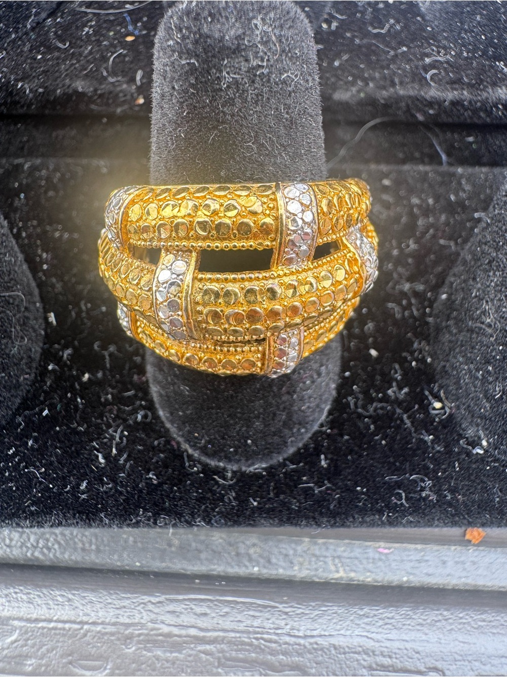 Vintage Swarovski Flower 925 Gold Basket Weave Ring